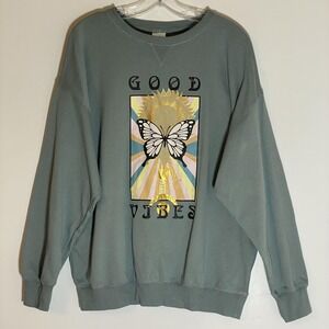 Belle Du Jour Sweatshirt Juniors Large Green Good Vibes Butterfly Pullover